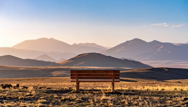 Empty wooden bench provides a tranquil viewpoint over a vast layered mountain landscape illuminated by warm golden light under a clear bright sky.