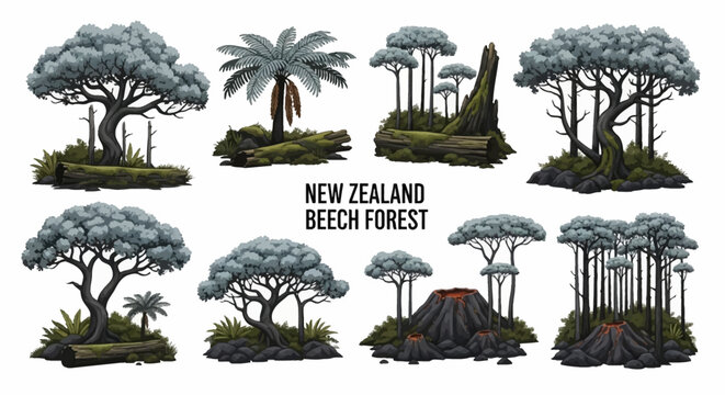 A collection of eight illustrated vignettes depicting New Zealand beech forest scenes with trees ferns logs and volcanoes