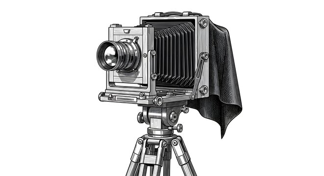An elaborate vintage large format camera on a classic tripod with a dark cloth, captured in a detailed monochrome engraving.