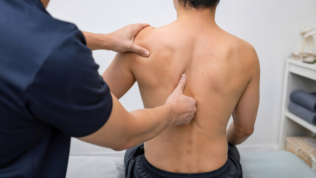 Photorealistic Office worker in a seated posture with neck pain radiating down one arm, one hand touching the neck and shoulder while the other hand shows tingling fingers