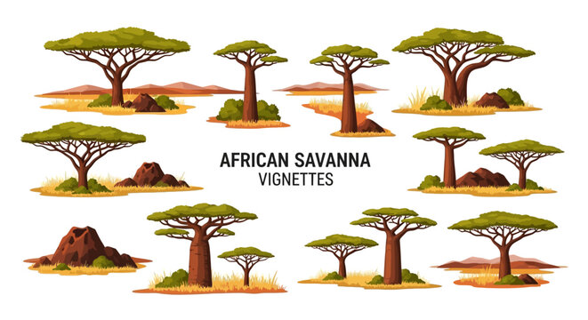 A collection of eleven vectorstyle illustrations featuring savanna trees grassy terrain termite mounds and rocks