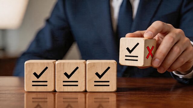 Business man selecting wrong solution comparing options decision making process choosing between alternatives checking box with red cross mark instead of check risk assessment