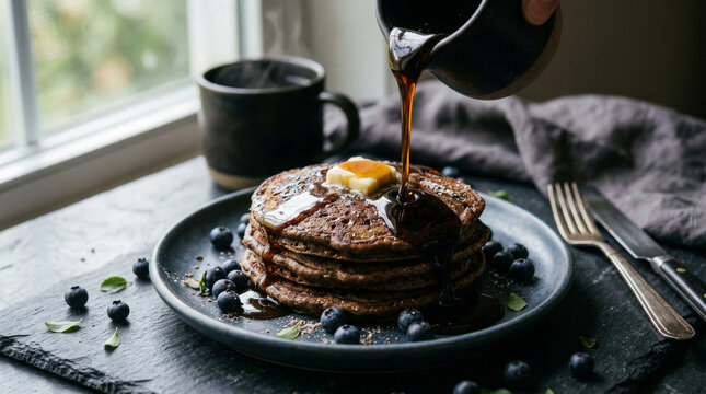 Pouring maple syrup on a stack of whole grain pancakes with blueberries and butter for breakfast
