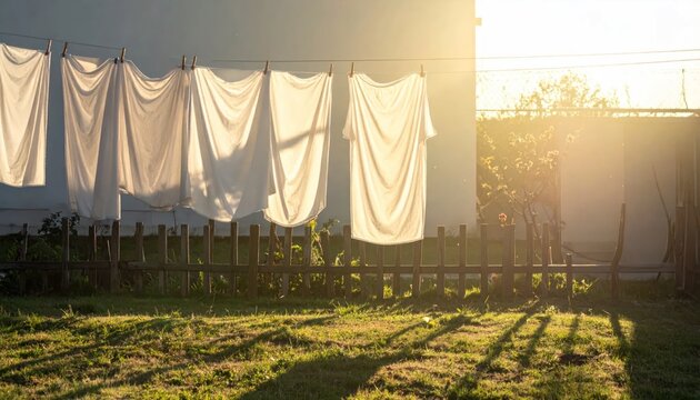 Fresh white laundry sheets and shirts drying on a clothesline in a sunny backyard garden at golden hour bathed in warm backlit sunlight