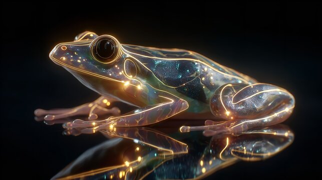 Digital illustration of a colorful tree frog with glowing lines and accents on dark background.
