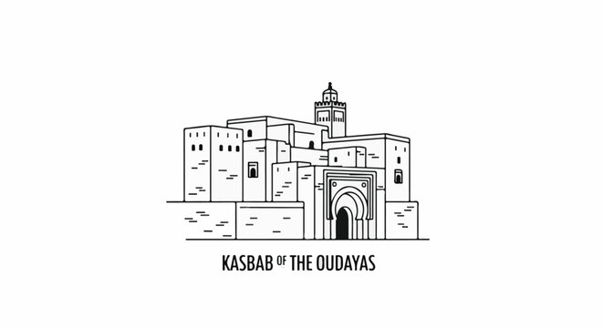 Line art illustration of a fortified historical settlement with a prominent gateway and tower