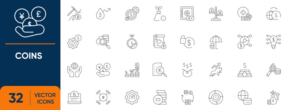Coins Icon Set. Containing Currency, Money, Fund, Earnings, Pound, Euro, Stacked, Savings and more. Editable vector Line icons collection.