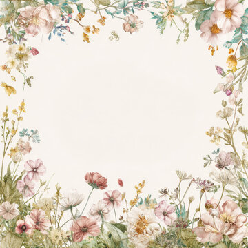 Elegant Watercolor Floral Frame on White and Pale Pink Background.