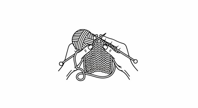 Line art of hands knitting with yarn and needles