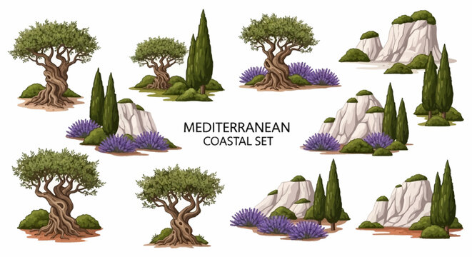 A collection of isolated Mediterranean elements including twisted olive trees tall cypress lavender patches and rocky cliffs