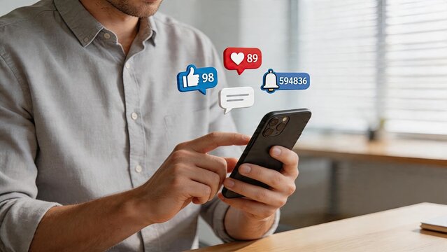 Businessman holding smartphone checking social media engagement metrics receiving notifications counting likes messages and followers on device screen for marketing campaign