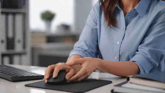 Photorealistic Office worker in a seated posture with neck pain radiating down one arm, one hand touching the neck and shoulder while the other hand shows tingling fingers