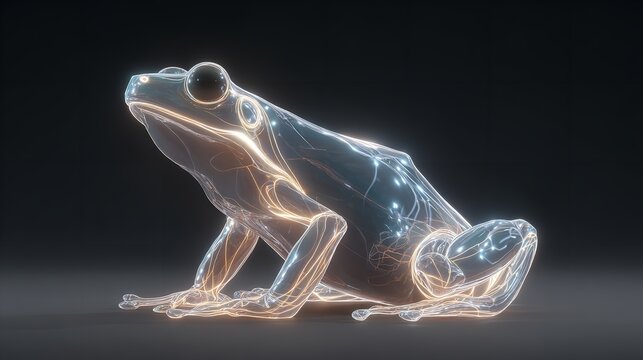 Digital illustration of a glowing frog with futuristic details and dark background