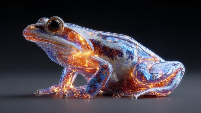 Artistic rendering of a colorful frog creature with glowing internal structures.
