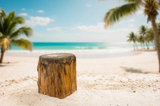 Tree trunk standing on a sandy beach casting natural shade and creating clean copy space for product placement. Bright sunlight and a hot summer atmosphere enhance the tropical vacation mood. 