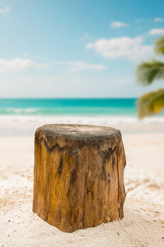 Tree trunk standing on a sandy beach casting natural shade and creating clean copy space for product placement. Bright sunlight and a hot summer atmosphere enhance the tropical vacation mood. 