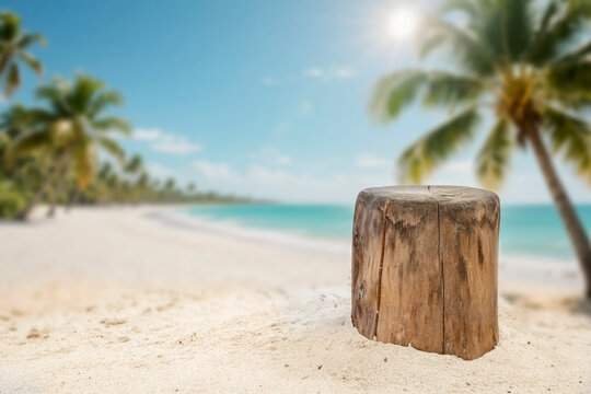 Tree trunk standing on a sandy beach casting natural shade and creating clean copy space for product placement. Bright sunlight and a hot summer atmosphere enhance the tropical vacation mood. 