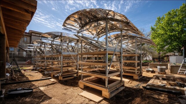 Community solar dehydrator arrays sun-drying fruits into leathers on Earth Day communal kitchen, mirrored parabolas focusing heat on stacked trays, zero-energy preservation