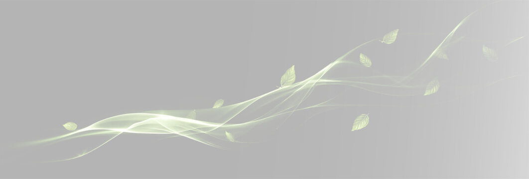 Abstract neon green leaves with sparkling dust and dynamic flow effect, gust of wind with leaves PNG