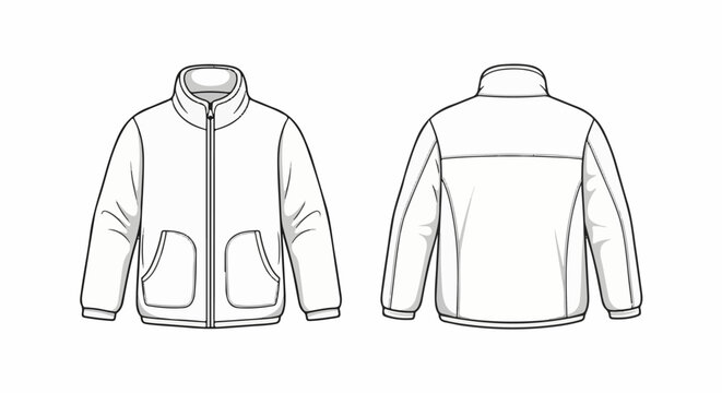 Front and back flat drawings of a zippered jacket with pockets and a stand-up collar