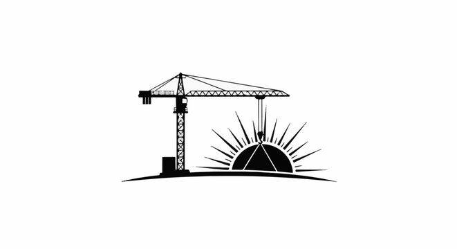 Silhouette of a construction crane is positioned next to a rising sun logo