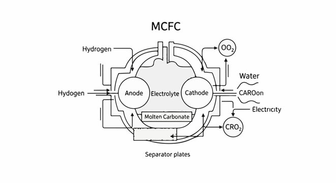 Diagram of a molten carbonate fuel cell with inputs and outputs labeled
