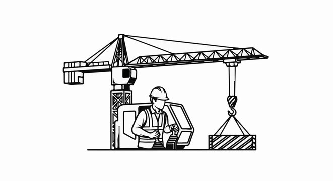 Construction worker operates a tower crane lifting a load at a building site
