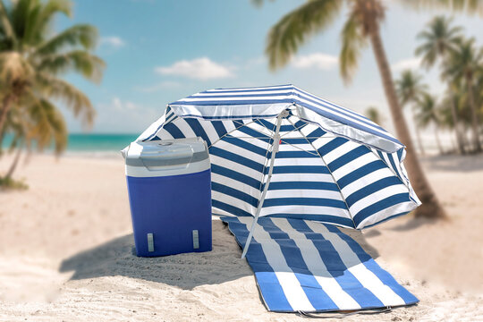 Beach umbrella and portable cooler placed on hot sandy beach under bright sunlight. The scene captures relaxed summer atmosphere with clear blue sky and seaside vibes. Summer and vacation concept.