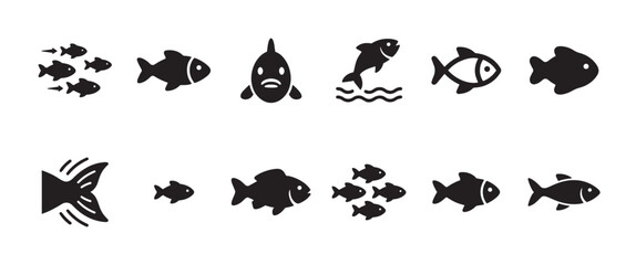 Obraz premium A collection of simple black silhouette icons representing various fish actions including schooling, swimming, and a fish jumping out of water.