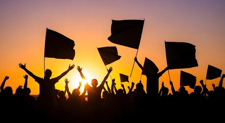 Naklejka premium Crowd with flags celebrating at sunset, silhouette against warm sky