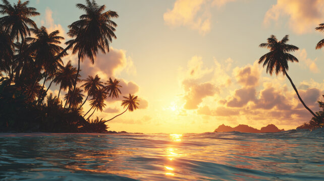 Beautiful sunset over the sea. Tropical landscape with palm trees and sandy beaches.