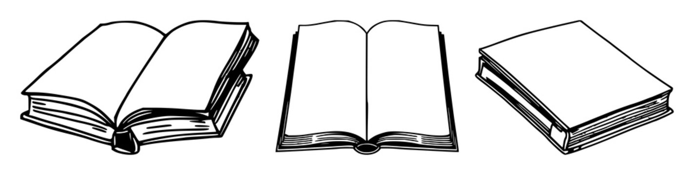 Books set with black line art, white background featuring books, pages, cover with illustration and design and typography and reading