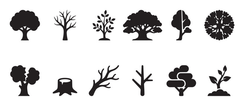 A diverse collection of black silhouette icons representing various stages and forms of trees and saplings, isolated on a white background, ideal for nature and growth concepts.