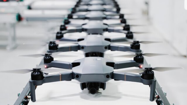 Array of modern drones moving along an assembly line in a factory. Automated production of unmanned aerial vehicles. Mass manufacturing process of innovative robotics technology.