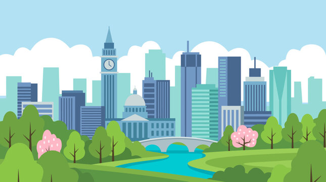 A vibrant city skyline features modern buildings, a prominent clock tower, and lush green parks beside a sparkling river, creating a scenic urban landscape.