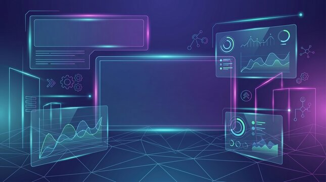 Futuristic digital HUD dashboard with glowing holographic charts, graphs, and empty frames for data visualization mockup.