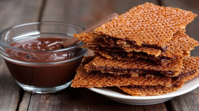 A glass bowl holds a t-shaped arrangement of chocolate and wafers on a dark wood table with plates and mugs nearby