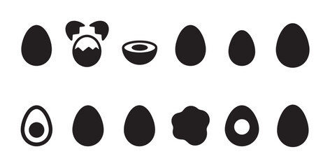 Fototapeta premium A collection of black silhouette icons representing eggs in different forms, from whole and cracked to sliced and fried, on a white background.