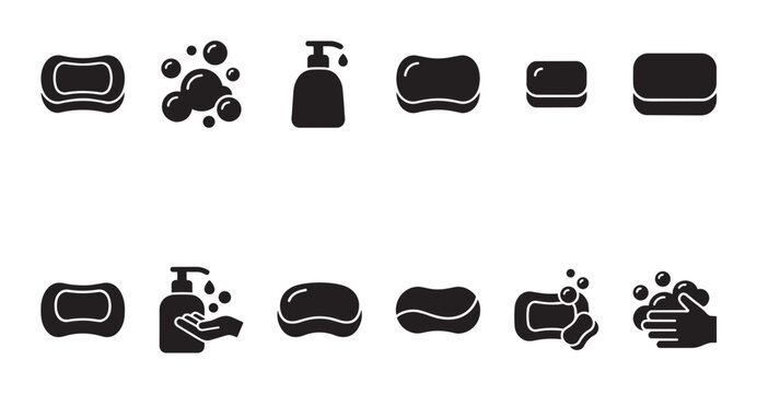 A collection of black silhouette icons representing various soap and handwashing elements, including bar soap, liquid soap dispenser, bubbles, and hands washing.