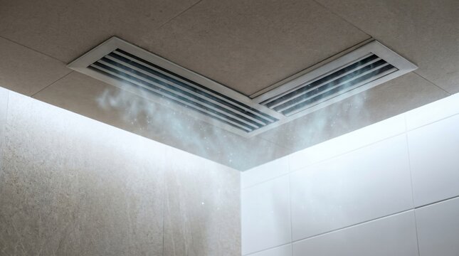 Close up of a modern ceiling air conditioning vent blowing cool mist or vapor in a minimalist luxury interior.