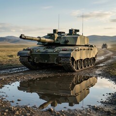 Fototapeta premium Battle tank driving through mud on a field road landscape. Military combat vehicle on a patrol mission. Armored heavy equipment for national defense and tactical land warfare operations.