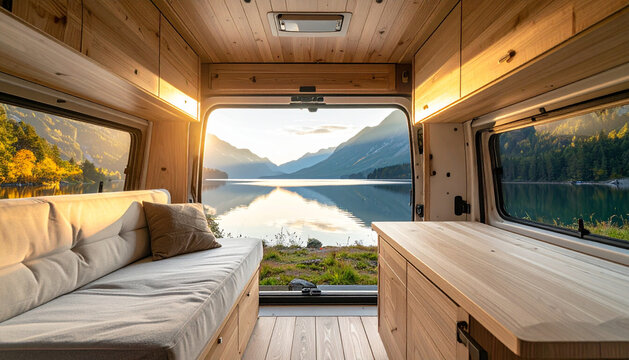 Empty wooden table top inside a cozy camper van with a view of a mountain lake at sunset concept for travel product display and nomadic lifestyle mockup horizontal