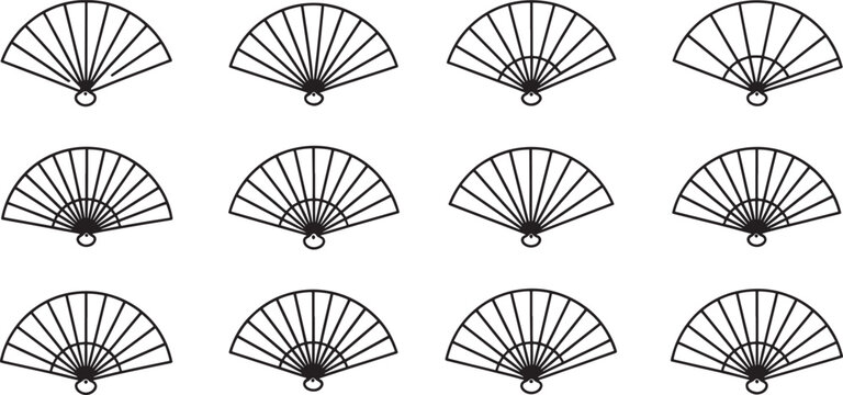 Set of 12 hand-held paper fans line art icons minimalist design