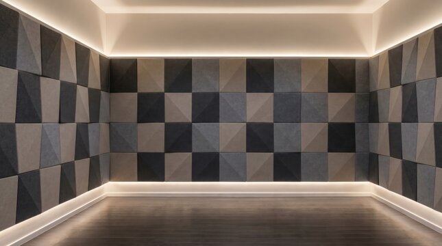 Modern empty room interior with geometric acoustic soundproof wall panels and elegant cove lighting for audio studio concept.