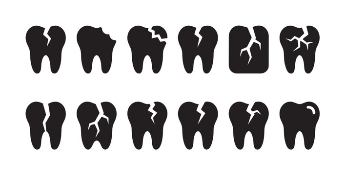 A collection of black silhouette icons representing various stages of damaged teeth, including cracks and chips, isolated on a white background.