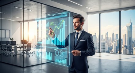 Fototapeta premium Dynamic Business Executive Analyzing Financial Projections with Holographic Data Visualization Tools