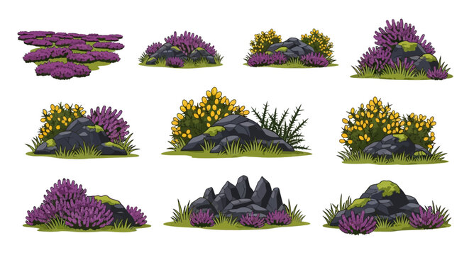 A collection of vector illustrations depicting various natural rock formations surrounded by heather and gorse plants on patches of grass