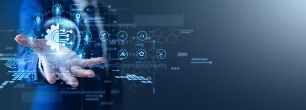 Lead technician runs lines. Specialist with a glow the hand Automation network system. Smart workflows maximize production output while reducing manual errors in manufacturing plants now.