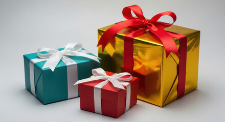 Obraz premium Gift Boxes Wrapped in Red Gold Teal Paper Festive Bows Isolated Against White Background Present Boxes Birthday Celebration Surprise Giving Holiday