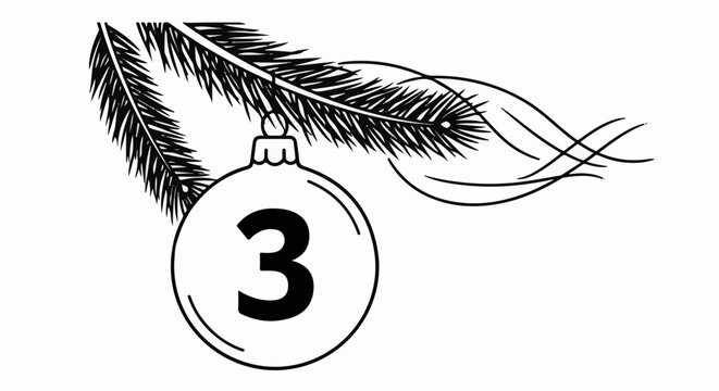 Black outline of a Christmas ornament with the number 3 on a fir branch